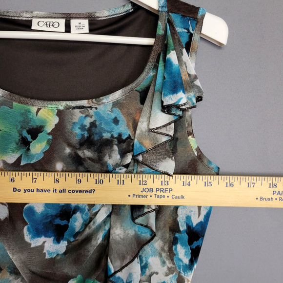Cato Tank Top Blouse Womens Medium Blue Brown Lined Floral Ruffle Sleeveless - Picture 6 of 11